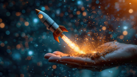 Business start up, Rocket launching and soar flying out from hand, Business successの素材