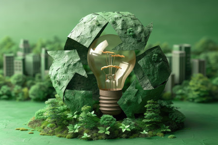 Paper style, Light bulb with green eco city, Renewable energy by 2050 Carbon neutral energyの素材