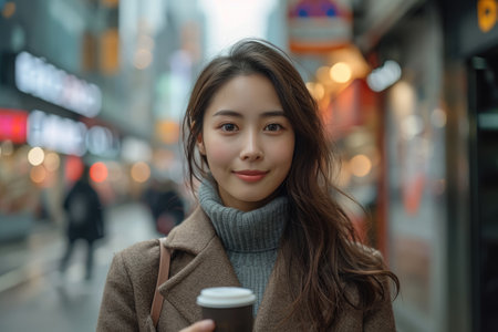 Smiling young asian business woman investor standing in city buildings skyscrapersの素材
