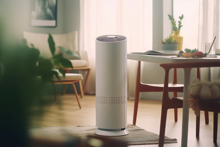 Air purifier in white workplace modern room , Cleaning removing dust PM 2.5, Air purifier a living roomの素材