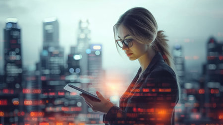 Portrait shot business woman working on tablet, success and leadership conceptの素材