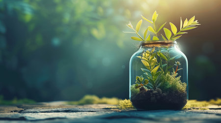 A big copy space with Plants in terrarium bottle on tableの素材