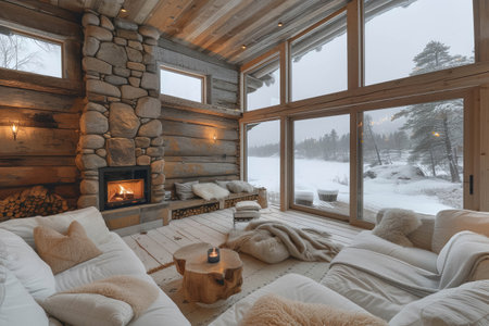 A cabin that epitomizes rustic elegance situated on a remote hillside with panoramic views of a frozen lake and the Northern Lights The cabins design features reclaimed wood a stoneの素材