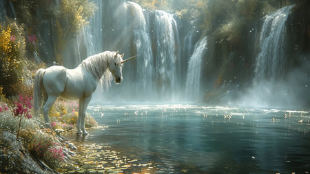 a breathtaking hidden waterfall cascading into a crystal-clear lake with multiple rainbows forming in the mist Ethereal creatures including playful unicorns frolic around the waters edgeの素材