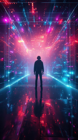 a futuristic DJ set with a performer surrounded by neon lights and digital screens The lighting should pulsate and change in sync with the music creating a visually immersiveの素材