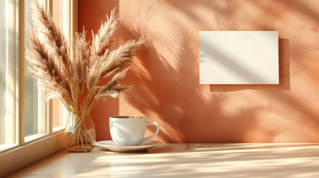 A cozy autumn mockup featuring a warm cup of coffee and pampas grass on a smooth terracotta background with a blank cardの素材