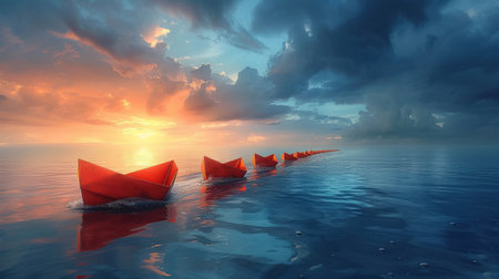 a striking scene where a vibrant red boat leads a fleet of delicate paper boats across a vast calm sea towards the horizon Symbolize collaborative leadership withの素材