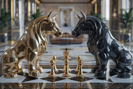 a strategic chess match between a bull and a bear each representing market players strategic moves in financial markets The chessboard is made of luxury marble set in an opulentの素材