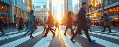 Blurred people walk on street, business people walking in the city scape  panoramic viewの素材