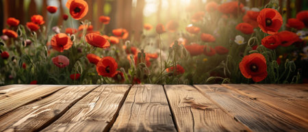 empty wooden table behind red poppies in the backgroundの素材