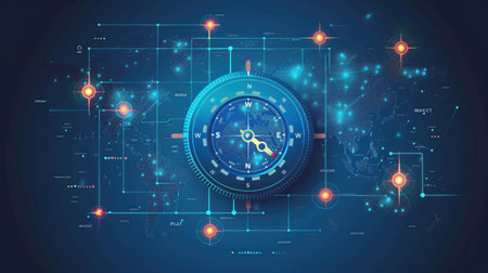 Illustration of an analog compass and location marking on world map backgroundの素材
