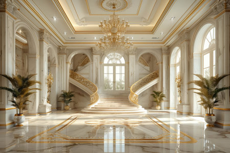 opulent foyer in a luxury estate with floors and walls clad in polished white and gold-veined marble Incorporate grand elements like a sweeping staircase and a crystalの素材