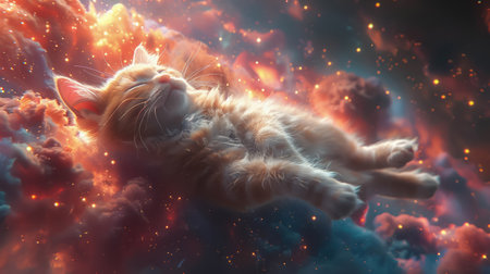 3D Illustrated Space Pet floating happily in a vibrant nebulaの素材