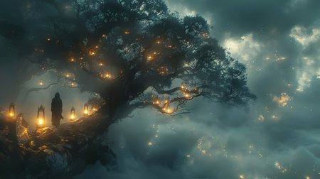 A man walks on a tree branch in a futuristic theater scene lanterns glowing amidst magic smoke a journey beyond imaginationの素材