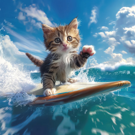 Cool Cat on Surfboard striking a pose with the azure ocean behindの素材
