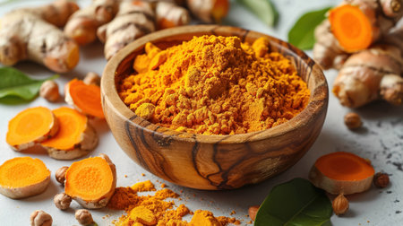 Dry turmeric powder in wooden bowl with fresh turmeric root sliced isolated and green leaves on white backgroundの素材