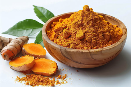 Dry turmeric powder in wooden bowl with fresh turmeric root sliced isolated and green leaves on white backgroundの素材