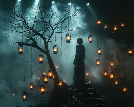 Magic smoke and lanterns guide a man on a tree branch a theater scene merging the natural with the futuristic in harmonyの素材