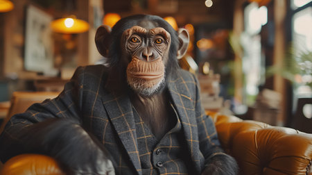 Monkey wearing suit in office  Businessman monkey sitting at officeの素材