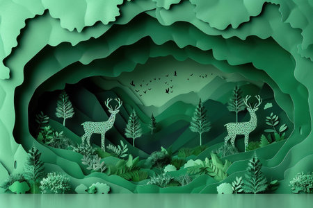 Paper cut art  Green forest and deers wildlife with nature background  ecology and environment conservation conceptの素材
