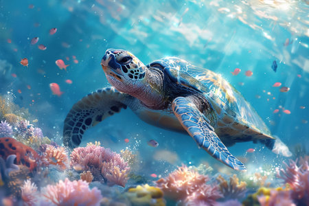 Sea turtle swimming in the under sea  Beautiful Underwater and colorfull coral in wild nature of the Pacific Oceanの素材