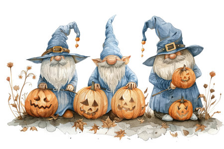 Watercolor gnomes in an isolated setting engaging with pumpkin decorations a blend of fantasy and futureの素材