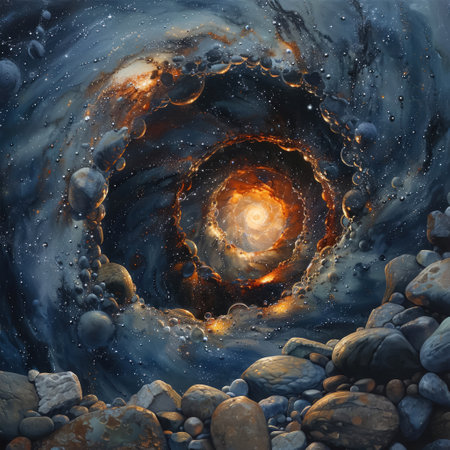 Close-up of a black holes event horizon stones and cosmic dust spiraling into infinityの素材