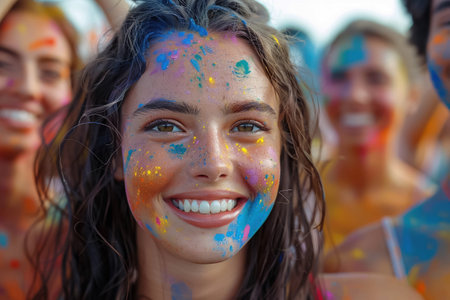 Vivid faces in Holi crowd capturing the spirit of the festival in every color splashの素材