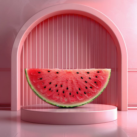 Minimalist watermelon podium in 3D clean background for highlighting organic beauty productsの素材