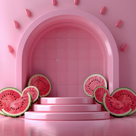 Minimalist watermelon podium in 3D clean background for highlighting organic beauty productsの素材