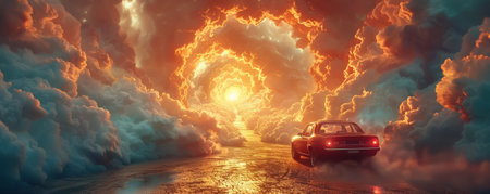A lone car accelerates into a swirling vortex of clouds within a time tunnel bridging worlds in a cinematic spectacleの素材