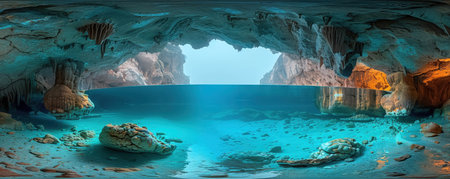 Eerie cave where time stands still illuminated by bioluminescent organisms a time traveler captures the momentの素材