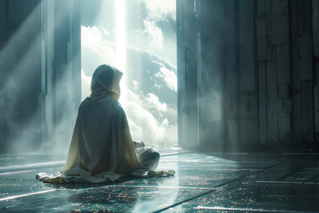 In a space station prison a lone figure prays facing the Earth a beam of sunlight illuminating the darknessの素材