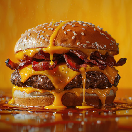 A decadent bacon burger captured with an oil splash set in a utopian world where food is art and art is foodの素材