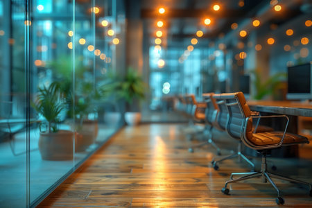 Blurred office background hustle of corporate life seen through a glass wall embodying the pace of modern businessの素材
