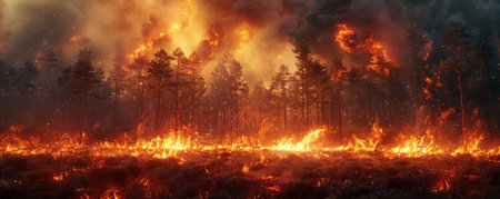 A fiery forest under siege by a trunk storm flames dancing with flying debris a cinematic battle of elementsの素材
