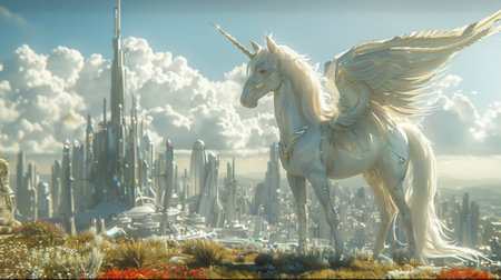 Digital illustration of a unicorn angel in a futuristic utopia where fantasy creatures and advanced civilizations coexistの素材