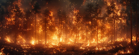 A fiery forest under siege by a trunk storm flames dancing with flying debris a cinematic battle of elementsの素材