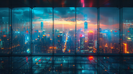 Futuristic cityscape viewed through a high-rise offices glass wall blending work and sci-fi vistasの素材