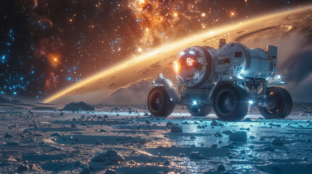 Futuristic cleaning machine robot effortlessly tidying the moons surface with a distant galaxy as the backdropの素材