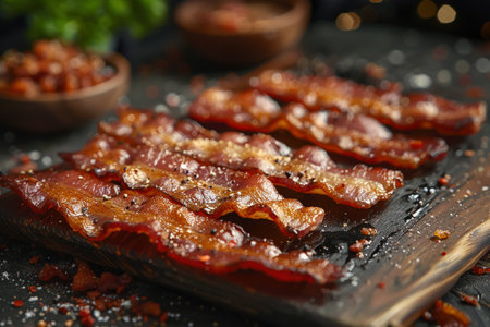 Imaginative scene of bacon strips orbiting a distant lush planet highlighting the universal appeal of comfort foodの素材