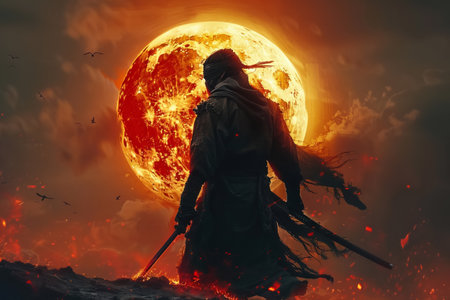 Futuristic ninja silhouette against a full moon blending traditional and cyber elementsの素材
