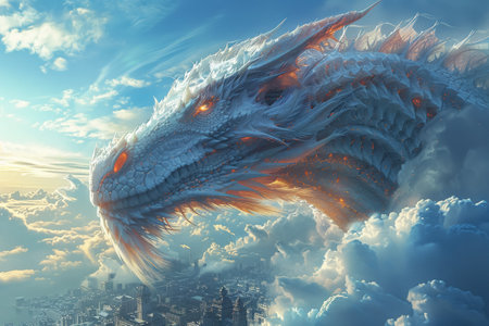Smart cities floating in the sky connected by digital twins and guarded by robotic dragons showcasing a future of harmony between technology and magicの素材