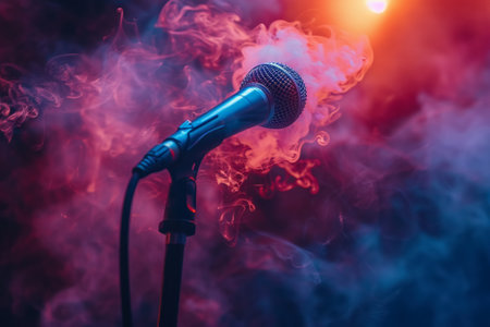 Singers microphone engulfed in vibrant smoke bomb colors on a dimly lit stage capturing the essence of live performanceの素材