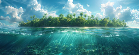 Water-level view of a tropical island where the forest meets the ocean in a world beyond imaginationの素材