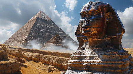 The Sphinx and the Great Pyramids of Giza enduring symbols of Ancient Egypts majesty stand against a backdrop of an endless desertの素材