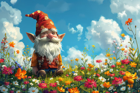 A gnome cartoon character tiptoeing through a vibrant summer garden hat bobbing among the flowers embodying the spirit of natureの素材