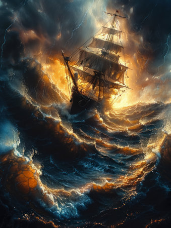 A panoramic view of a stormy ocean where amidst towering waves a ship and a giant squid engage in a titanic struggleの素材
