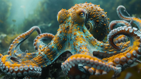 The camouflaged skin of a giant octopus changing colors and patterns as it moves across the ocean floor a front view capturing its majestic presenceの素材