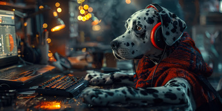 A Dalmatian watching an online concert headphones on barking along to the tunes completely immersedの素材